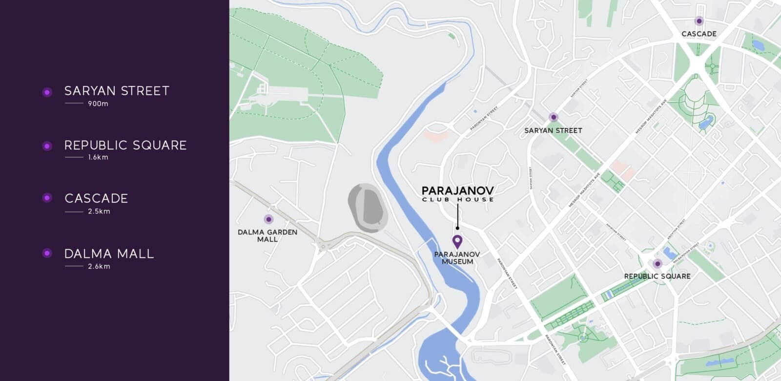 Карта центра Еревана относительно комплекса